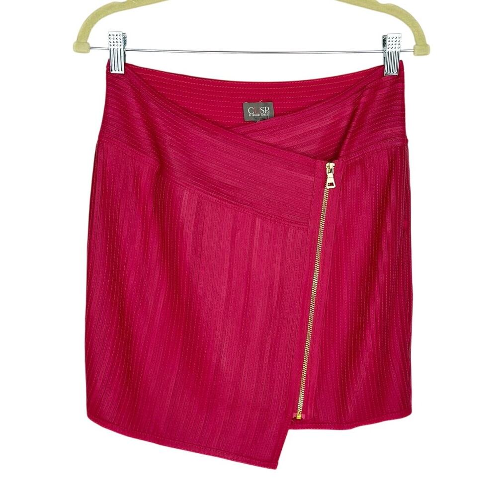New Cusp Neiman Marcus Pink Leather Strip Stretch Asymmetric Zip Mini Skirt XS